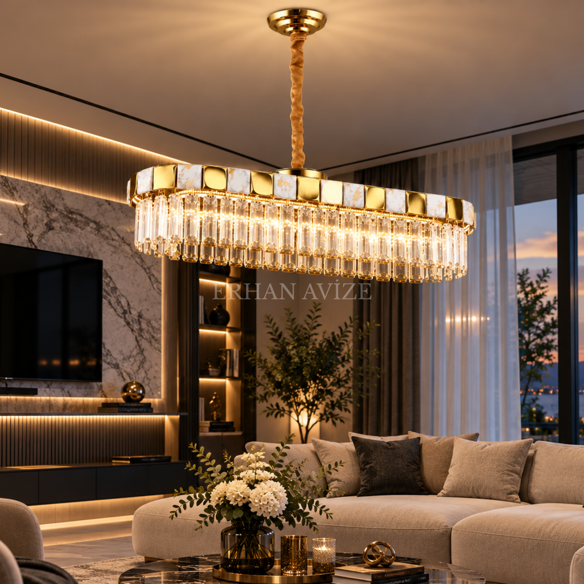 EASD-382 Yemek Masası Gold Kristal LED Avize