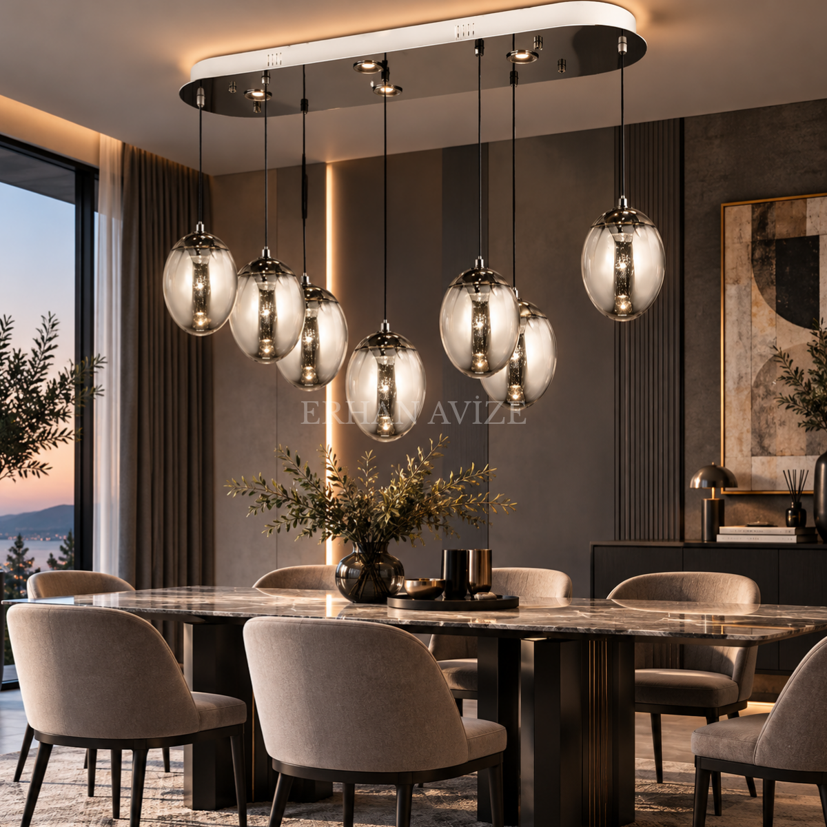 EASD-527 7’li Platin Yemek Masası Modern Avize