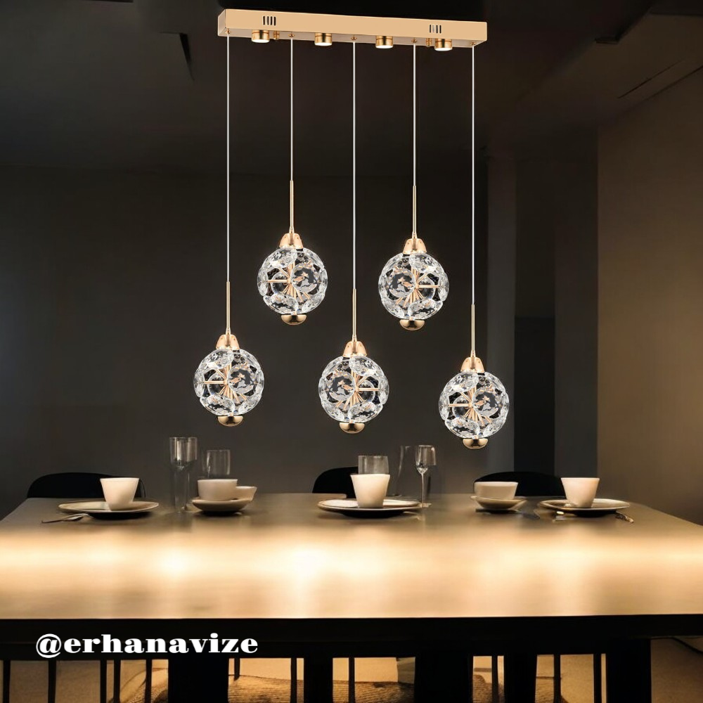 EAPV-105 5'Lİ Sıralı Gold Kristal Sarkıt LED Avize