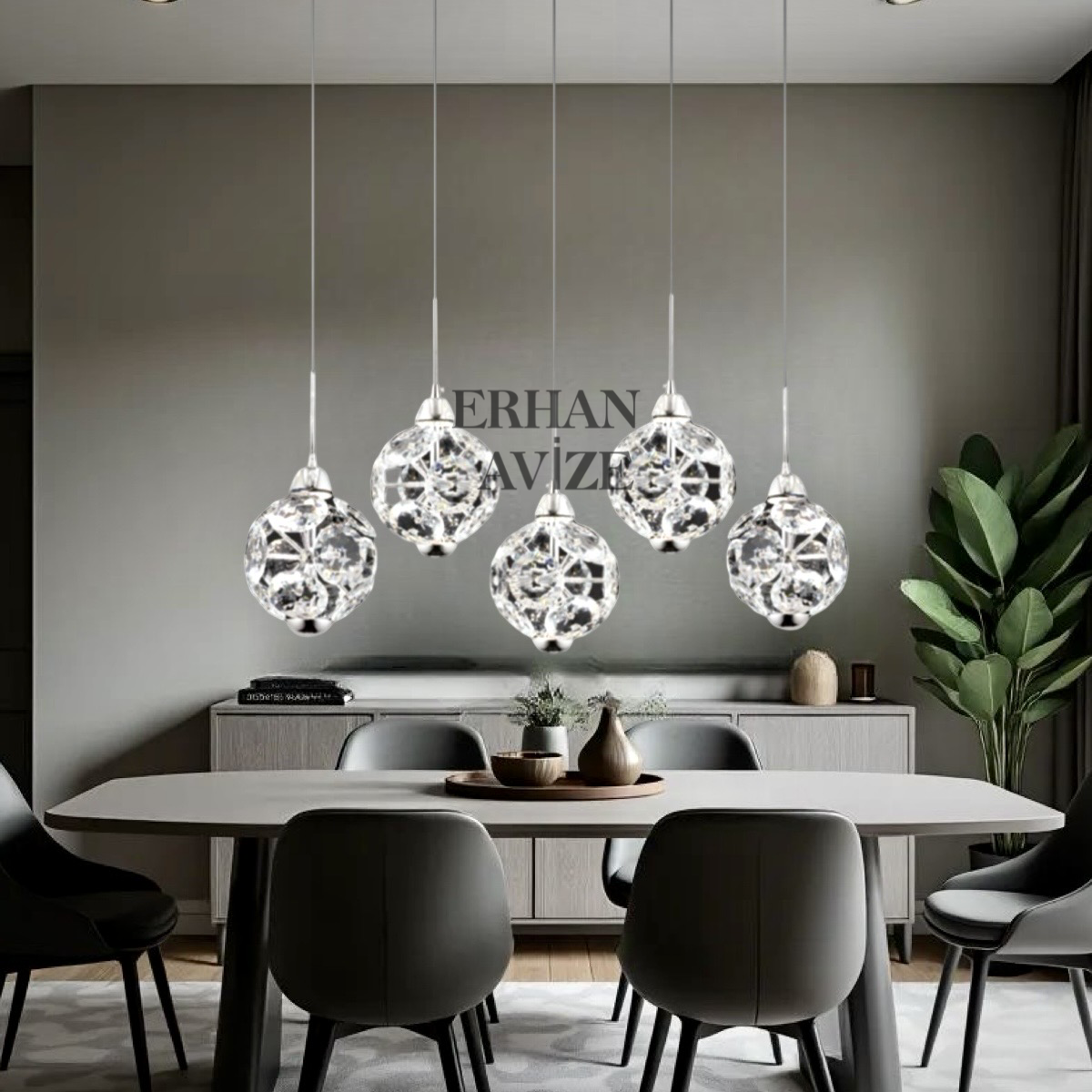 EAPV-105 5'Lİ Sıralı Krom Kristal Sarkıt LED Avize