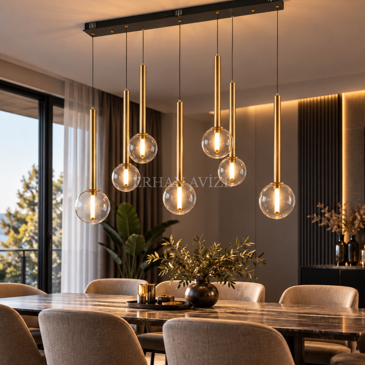 EASD-458 7’li Sıralı Eskitme Yemek Masası Modern Camlı Avize