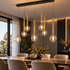 EASD-458 7’li Sıralı Eskitme Yemek Masası Modern Camlı Avize