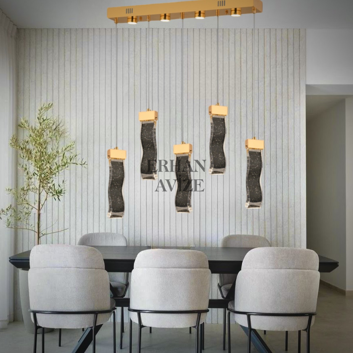 EAPV-115 5li Sıralı Yemek Masası Gold Kristal Detaylı LED Avize