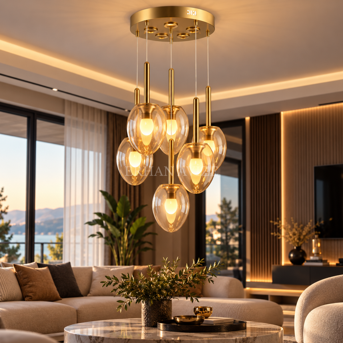 EAPD-181 6’lı Bal Eskitme Modern Camlı Avize