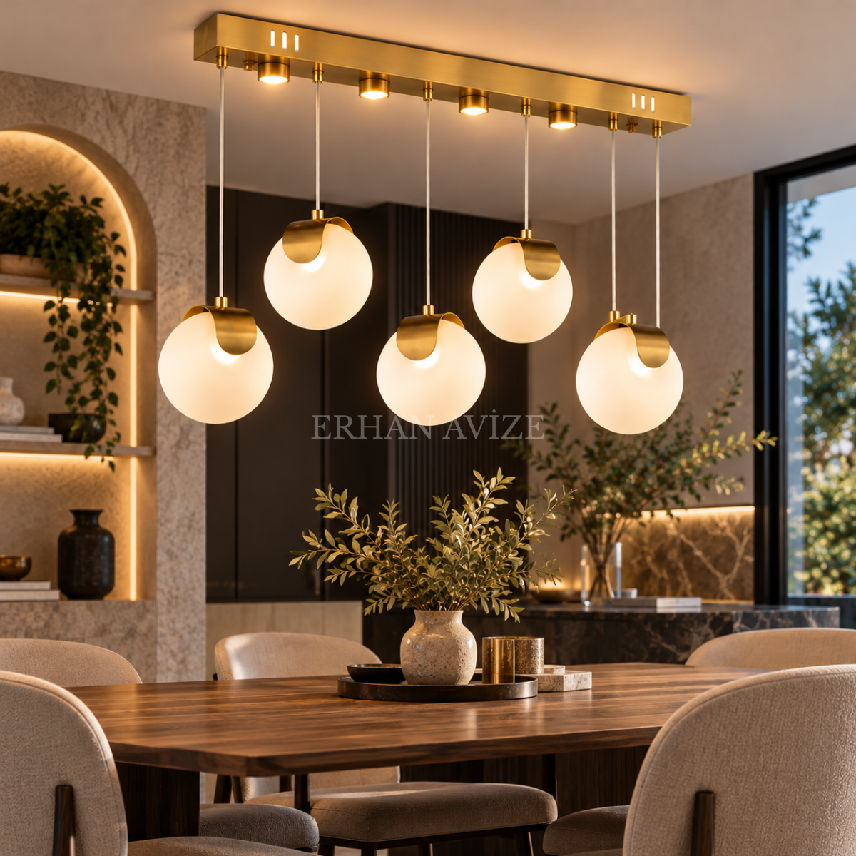 EASD-374 Bloom 5’li Yemek Masası Gold-Eskitme Modern Camlı LED Avize