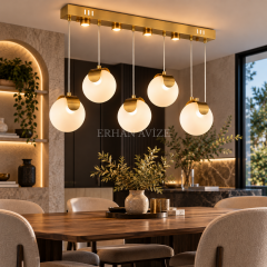 EASD-374 Bloom 5’li Yemek Masası Gold-Eskitme Modern Camlı LED Avize