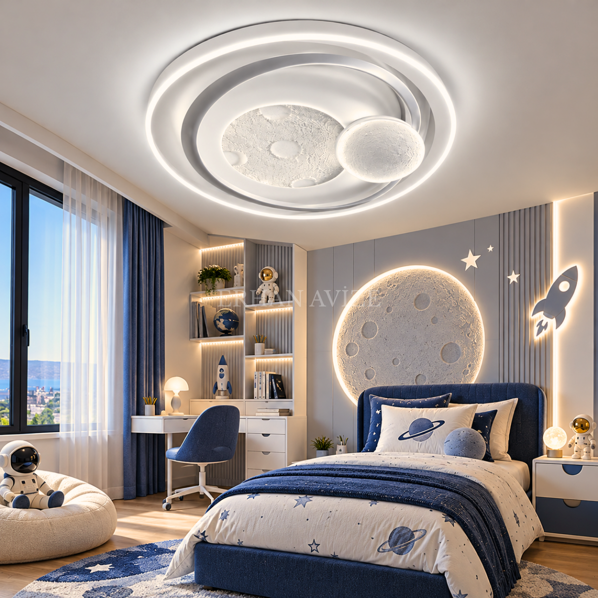 EAZL-33 Ay ve Gezegen Tasarımlı 3 Renk Kumandalı LED Plafonyer Avize