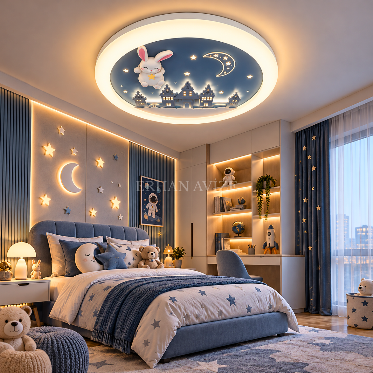 EAZL-613 Tavşanlı Ay ve Yıldız Temalı 3 Renk Kumandalı LED Çocuk Odası Plafonyer Avize