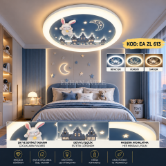 EAZL-613 Tavşanlı Ay ve Yıldız Temalı 3 Renk Kumandalı LED Çocuk Odası Plafonyer Avize