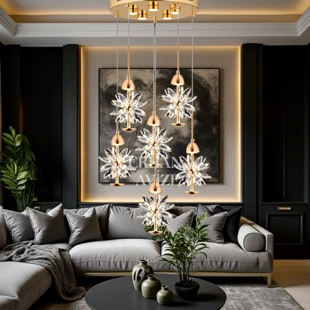 EAPV-126 6'lı Gold Kristal Detaylı LED Avize