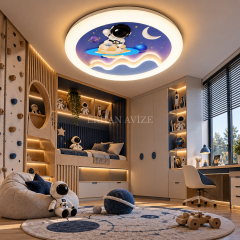 EAZL-615 Astronot ve Gezegen Temalı 3 Renk Kumandalı LED Çocuk Odası Plafonyer Avize