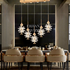 EAPV-126 5'li Sıralı Yemek Masası Gold Kristal Detaylı LED Avize