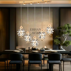 EAPV-126 5'li Sıralı Yemek Masası Gold Kristal Detaylı LED Avize