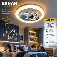 EAZL-616 Astronotlu Motosiklet Temalı 3 Renk Kumandalı LED Çocuk Odası Plafonyer Avize