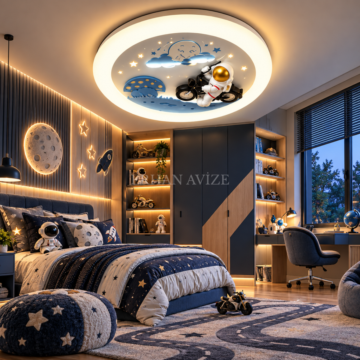 EAZL-616 Astronotlu Motosiklet Temalı 3 Renk Kumandalı LED Çocuk Odası Plafonyer Avize