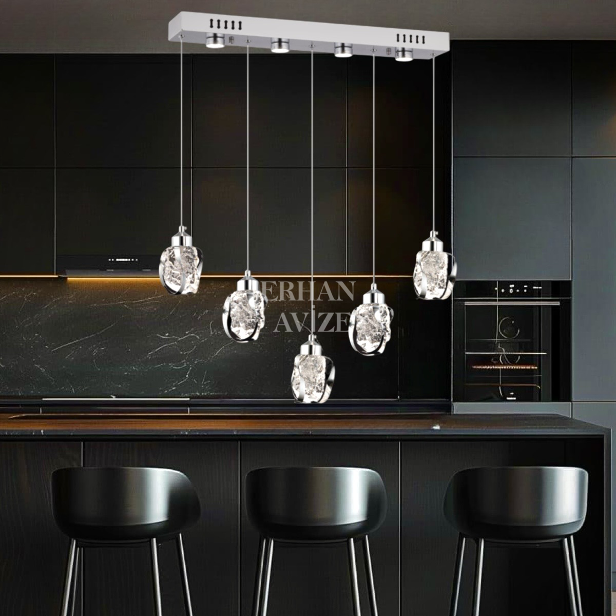 EAPV-163 5'li Sıralı Yemek Masası Krom Kristal Detaylı LED Avize