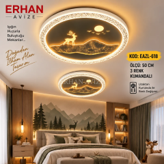 EAZL-618 Geyik ve Doğa Manzaralı 3 Renk Kumandalı LED Plafonyer Avize – 50 cm