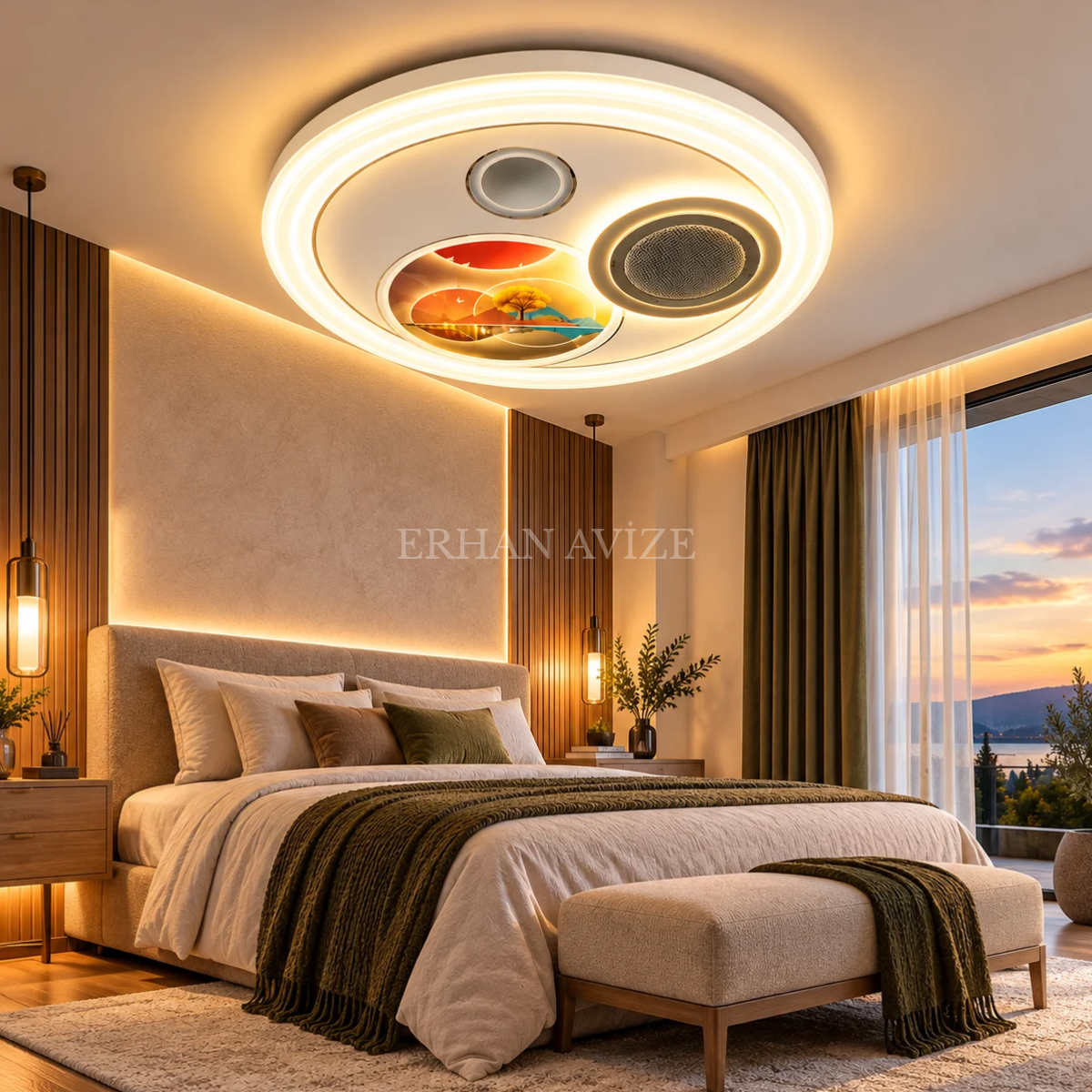 EAZL-619 Bluetooth Hoparlörlü, Müzik Çalarlı 3 Renk Kumandalı LED Plafonyer Avize – 50 cm