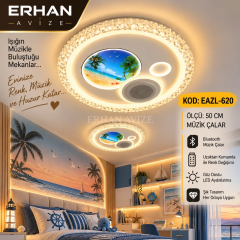 EAZL-620 Sahil Deniz Manzaralı Bluetooth Hoparlörlü 3 Renk Kumandalı LED Plafonyer Avize – 50 cm
