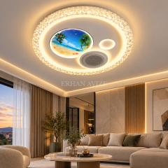 EAZL-620 Sahil Deniz Manzaralı Bluetooth Hoparlörlü 3 Renk Kumandalı LED Plafonyer Avize – 50 cm