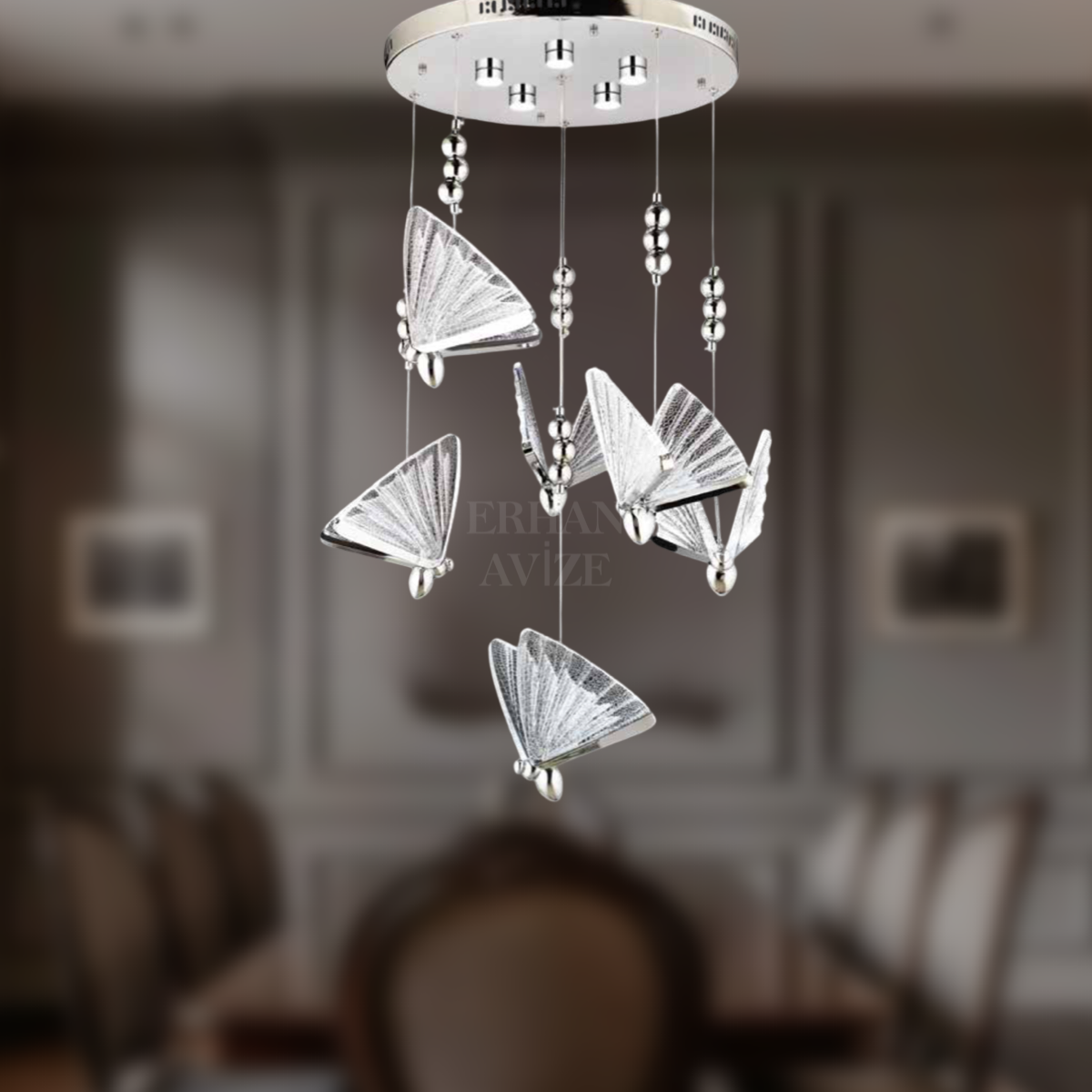 EAAD-82 6’lı Kelebek Sarkıt Krom LED Avize