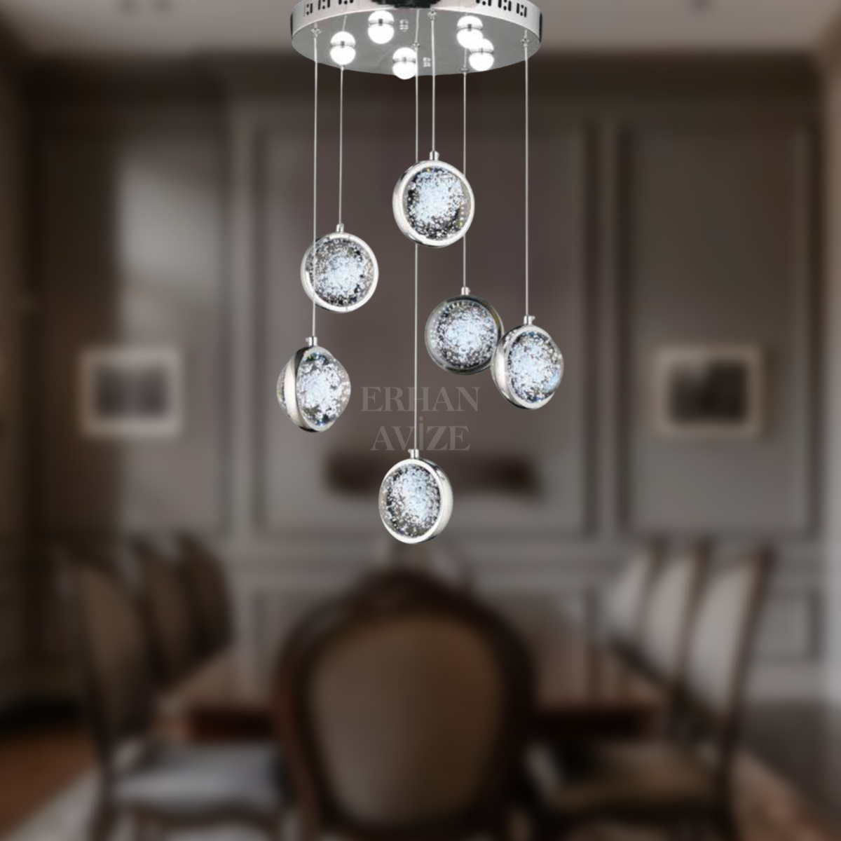 EAAD-85 6’lı Kristal Sarkıt Krom LED Avize