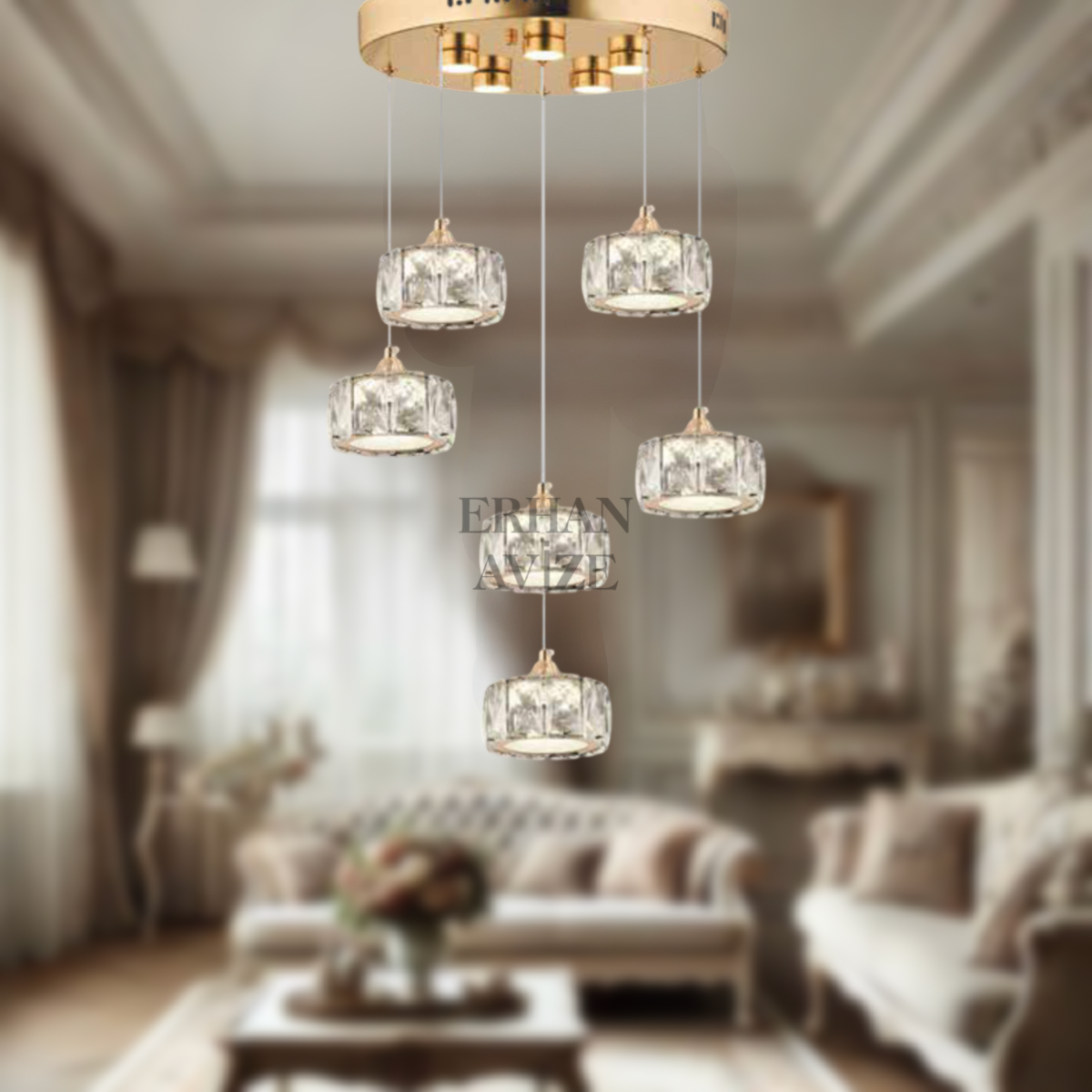 EAPV-109 6’lı Kristal Sarkıt Gold LED Avize