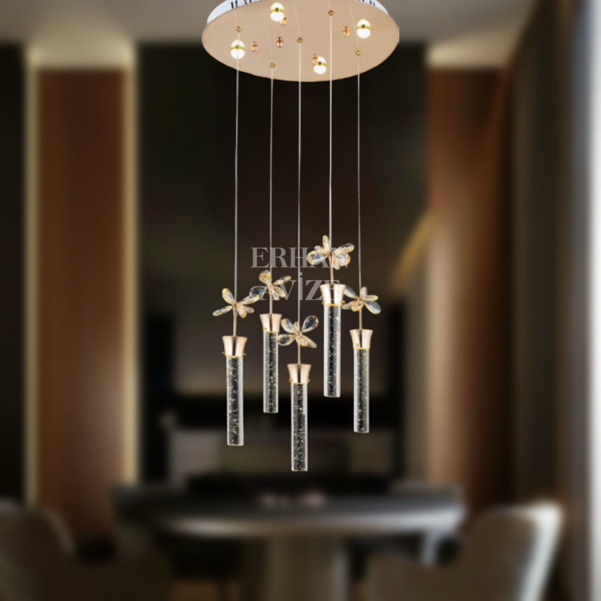 EAAD-34 5’li Kristal Sarkıt Gold LED Avize