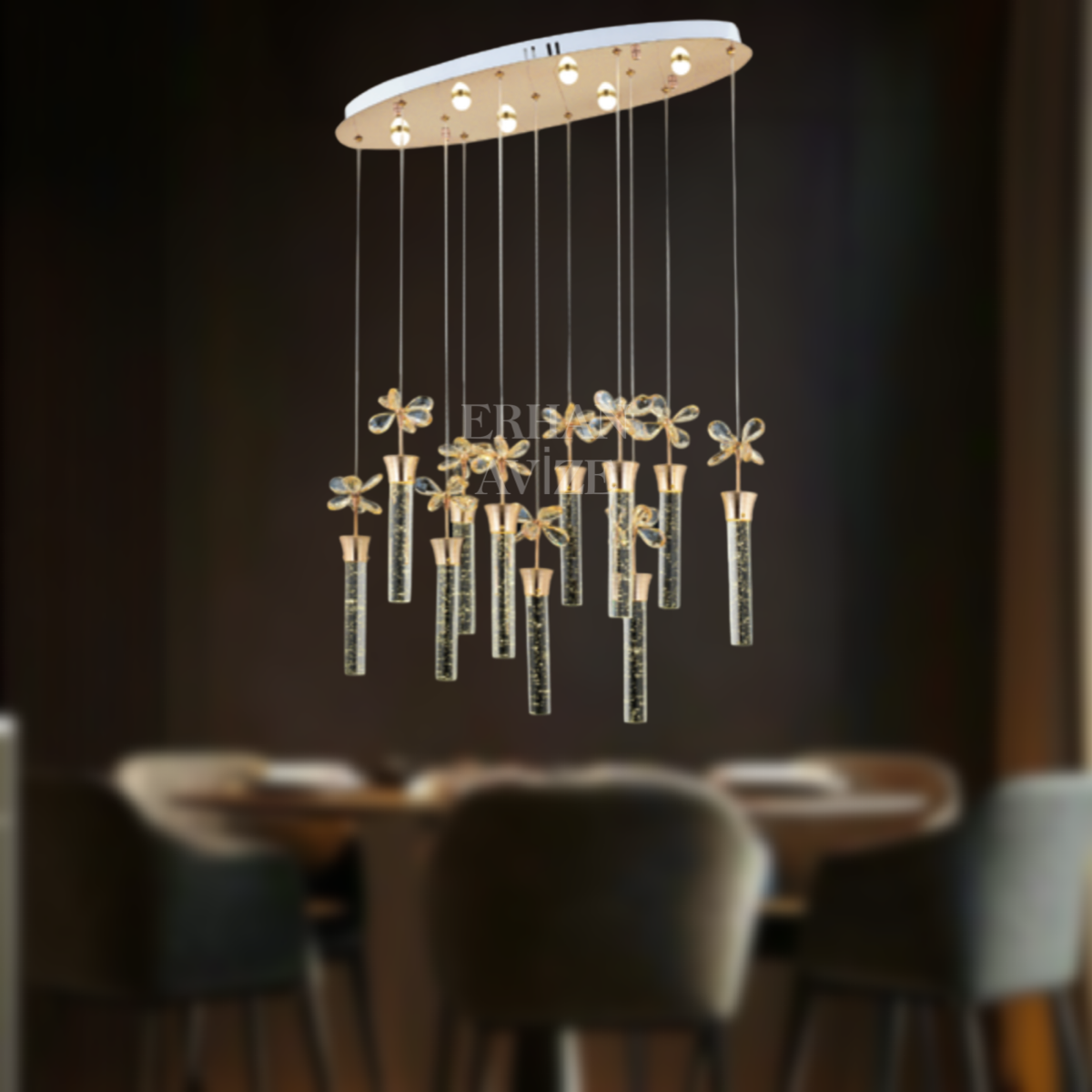 EAAD-34 11’li Kristal Oval Sarkıt Gold LED Avize