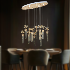 EAAD-34 11’li Kristal Oval Sarkıt Gold LED Avize