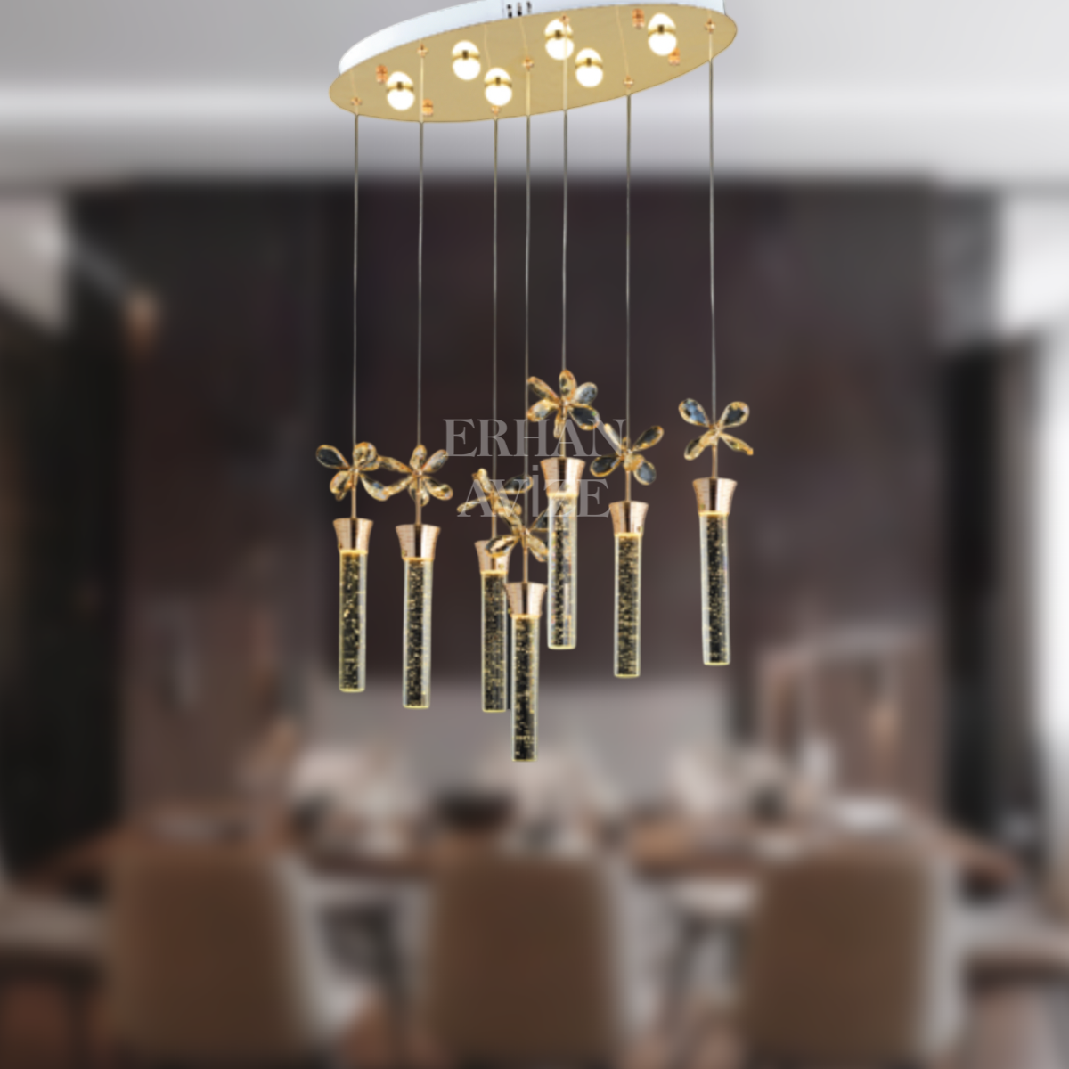 EAAD-34 7’li Kristal Oval Sarkıt Gold LED Avize