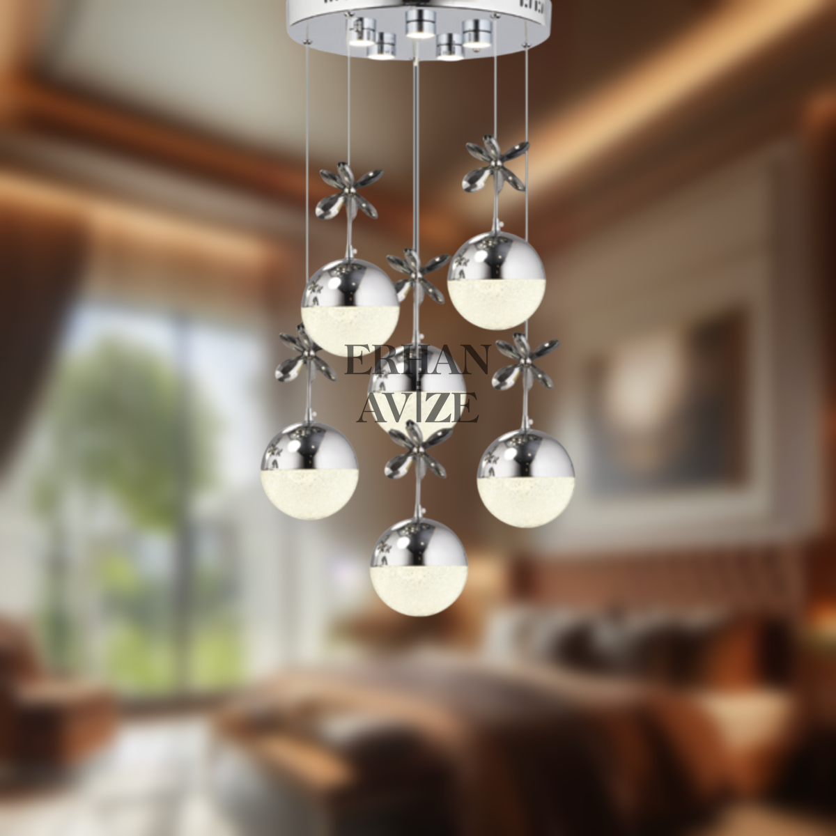 EAAD-43 6’lı Top Camlı Sarkıt Krom LED Avize