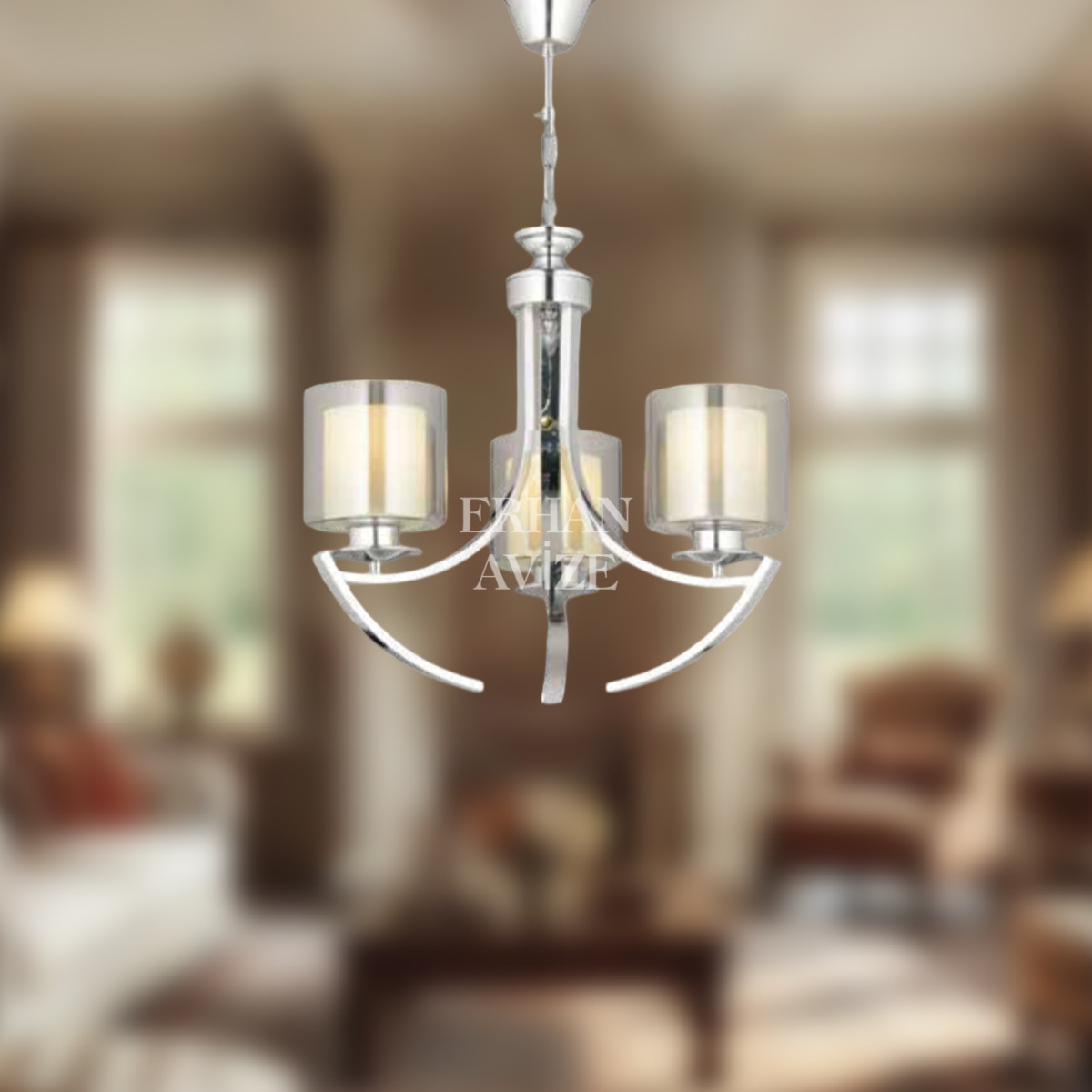 EAMD-06 3’lü Kollu Çift Cam Yuvarlak Krom Avize