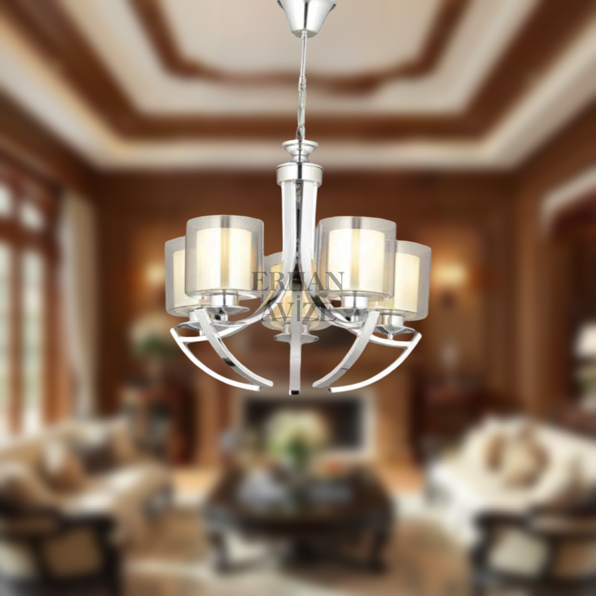 EAMD-06 5’li Kollu Çift Cam Yuvarlak Krom Avize