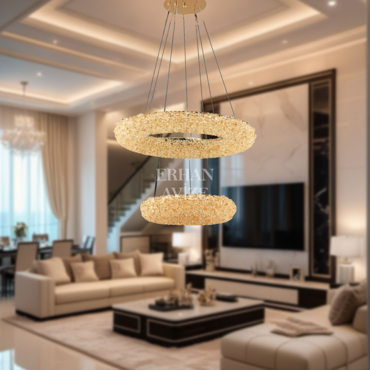 EASD-346 2 Katlı 55’lik Kristal Gold LED Avize