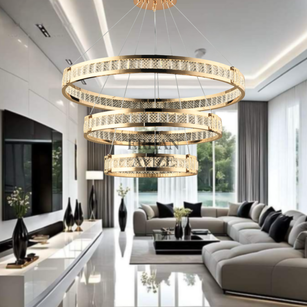 EASD-319 3 Katlı Kristal Gold LED Avize