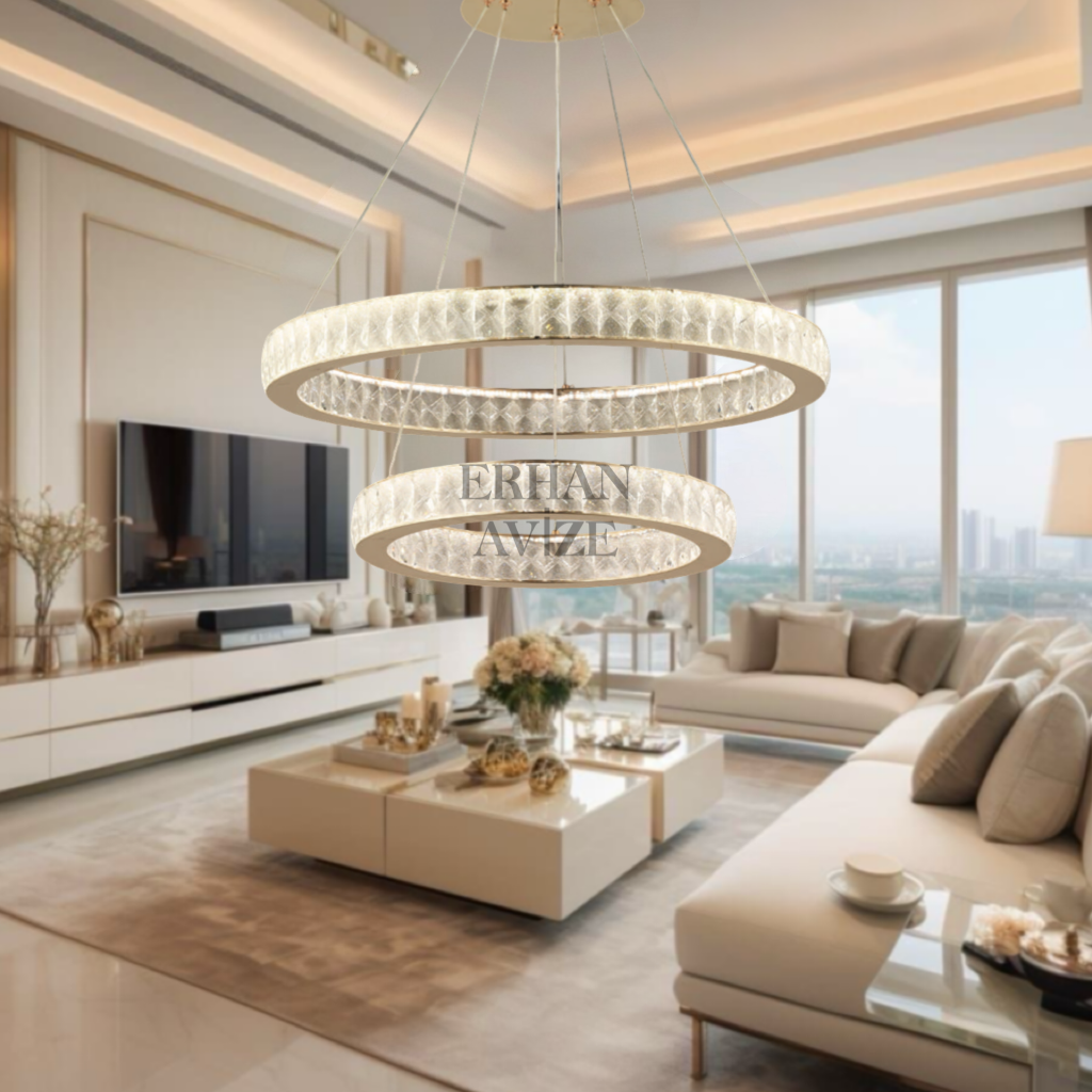 EASD-260 2 Katlı Kristal Gold LED Avize