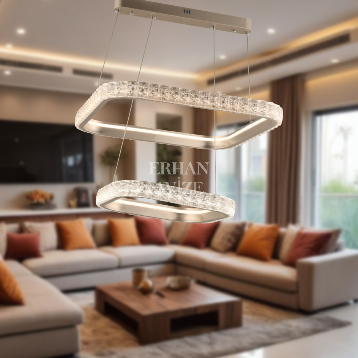 EASD-257 2 Katlı Kristal Kare Saten Bronz LED Avize