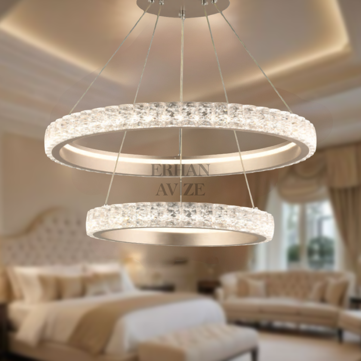 EASD-257 2 Katlı Yuvarlak Kristal Saten Bronz LED Avize