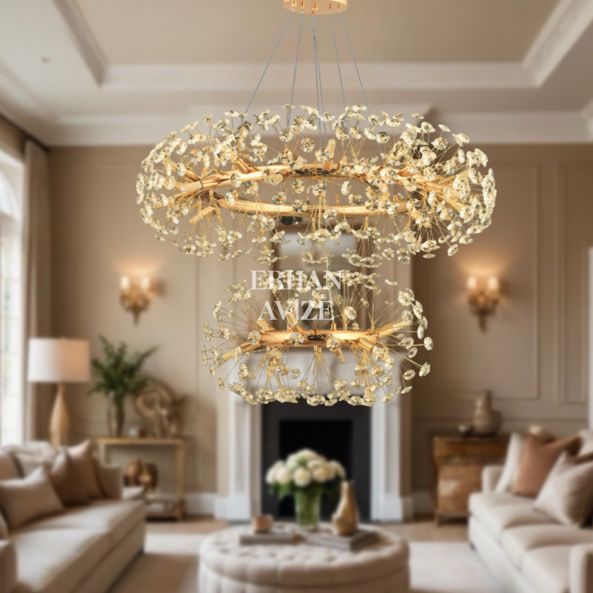 EADM-21 2 Katlı Kristal Gold LED Avize
