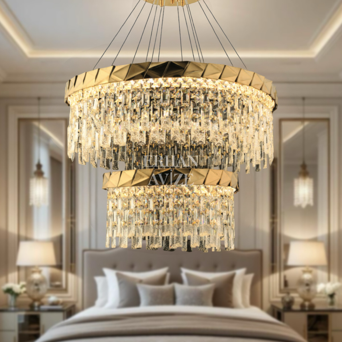 EASD-352 2 Katlı Kristal Gold LED Avize