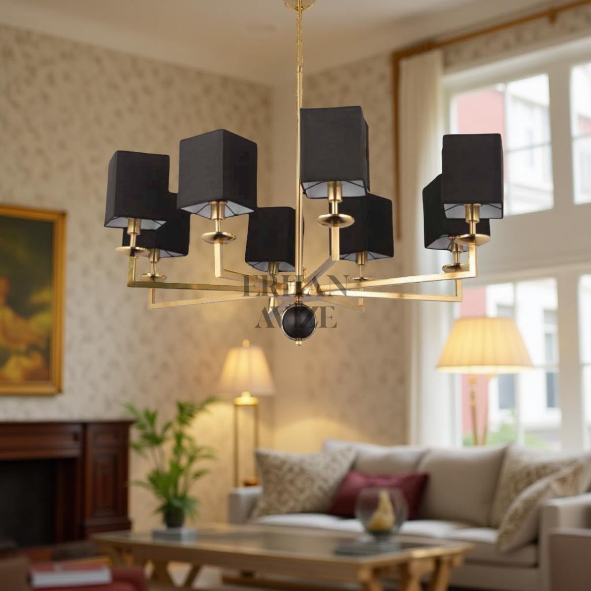 EAL-9159 8 Kollu Siyah Kumaş Başlıklı Avize