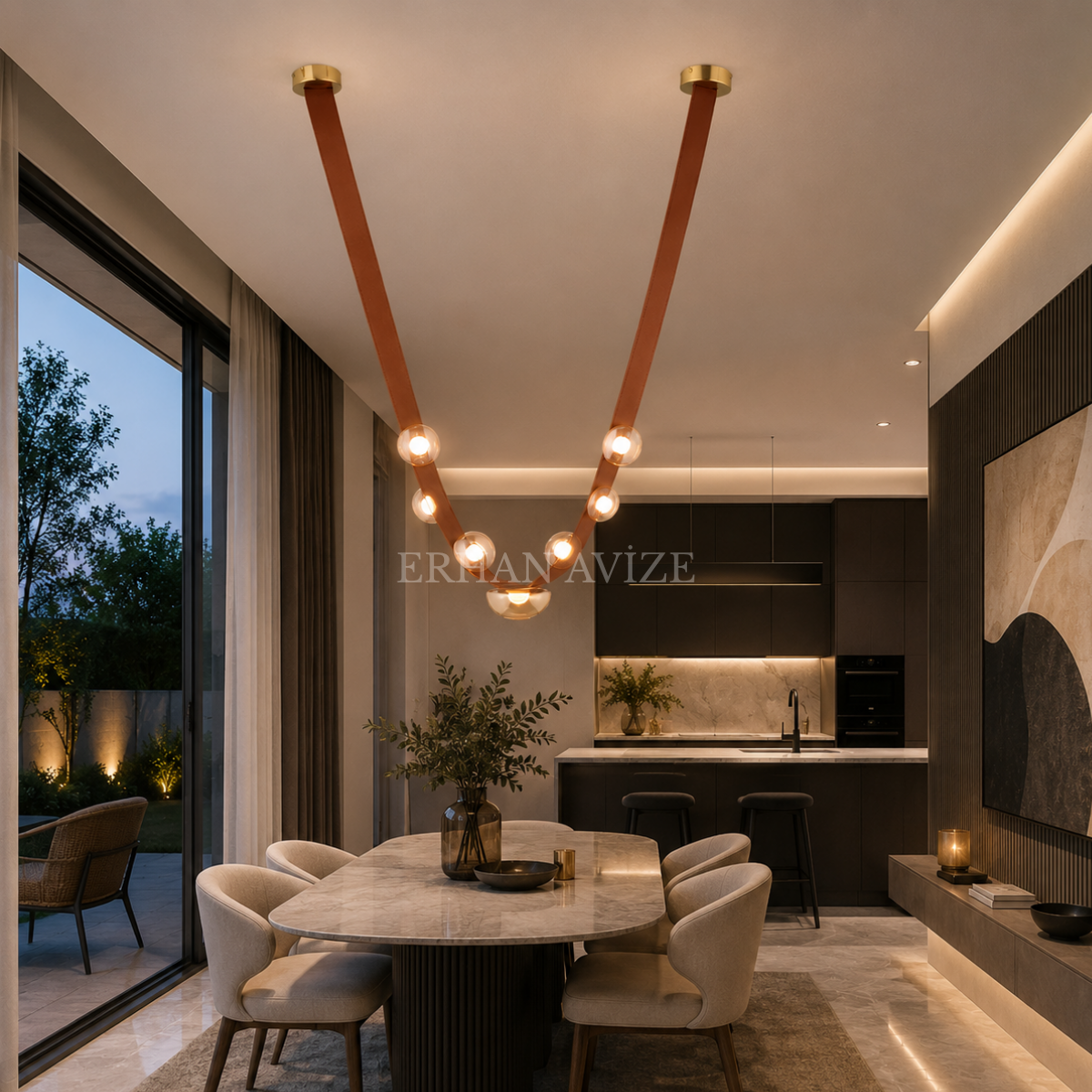 EASD-451 Camlı Ahşap Kemer Model LED Avize