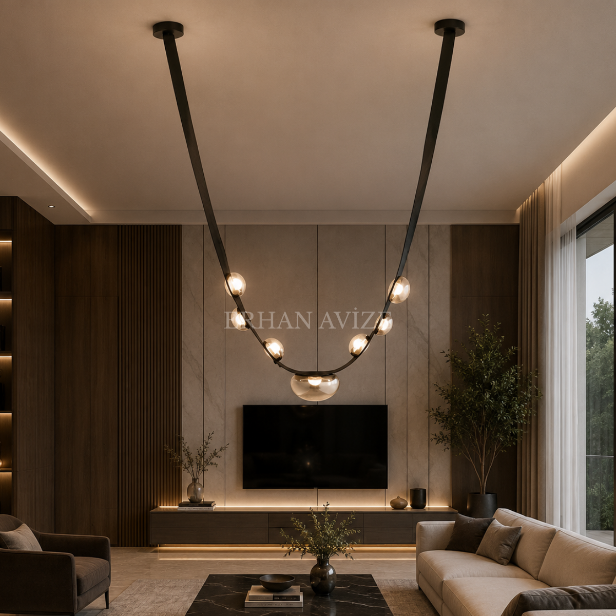 EASD-451 Camlı Ahşap Siyah Kemer Model LED Avize