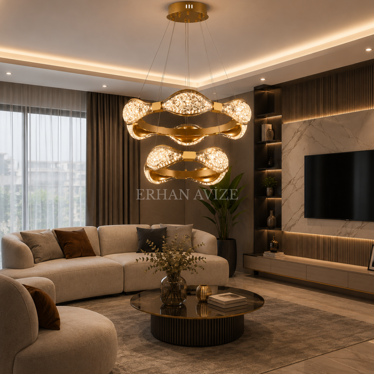 EASD-416 60+40cm Modern Saten Gold LED Avize