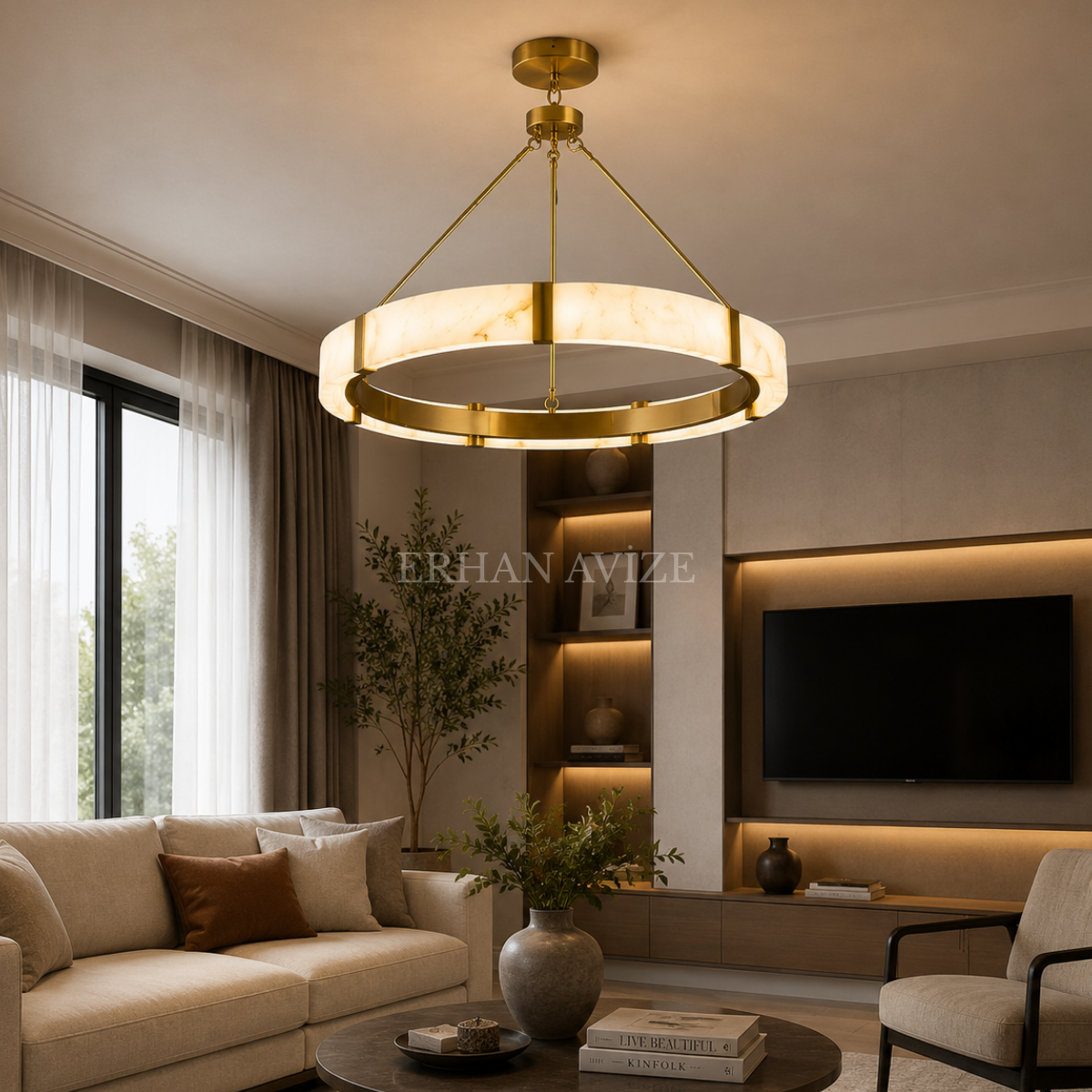 EASD-412 70'lik Yuvarlak Mermer Model LED Avize
