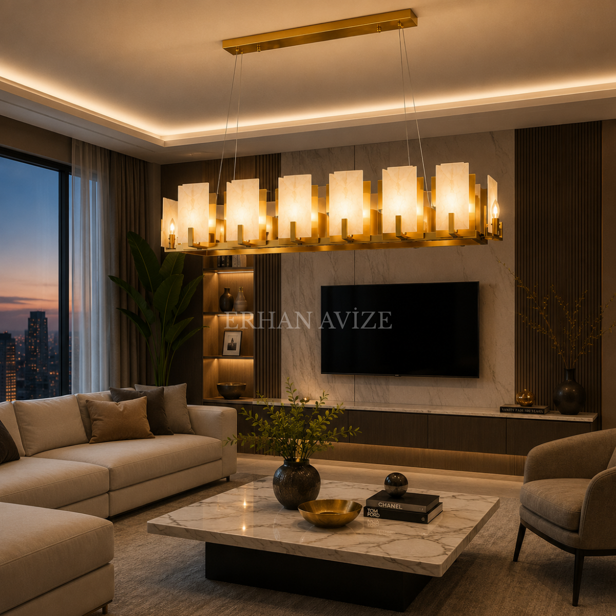 EADM-72 Mermer Tasarımlı Yemek Masası Modern Avize