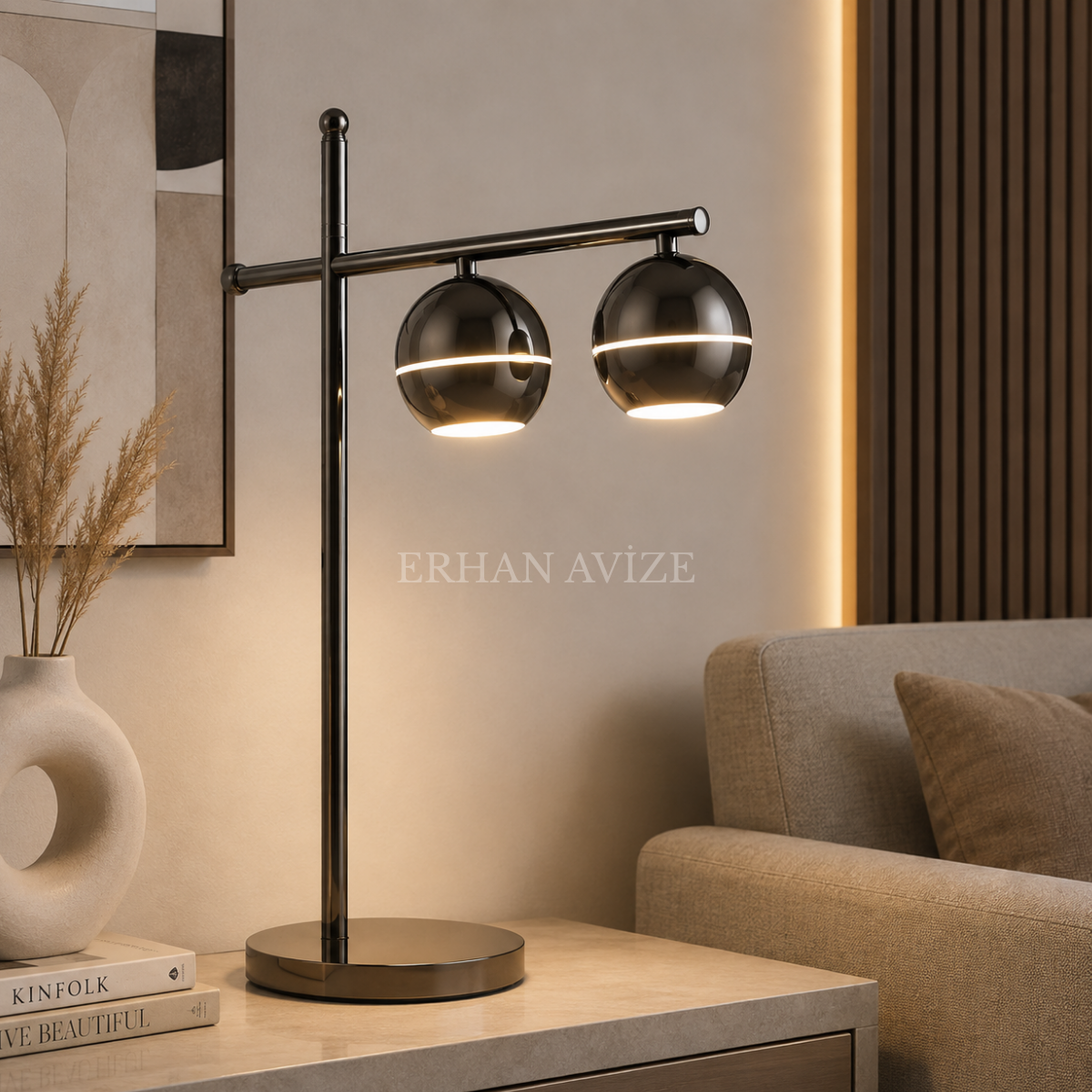 EAPD-186 Platin İkili Modern LED Abajur Masa Lambası