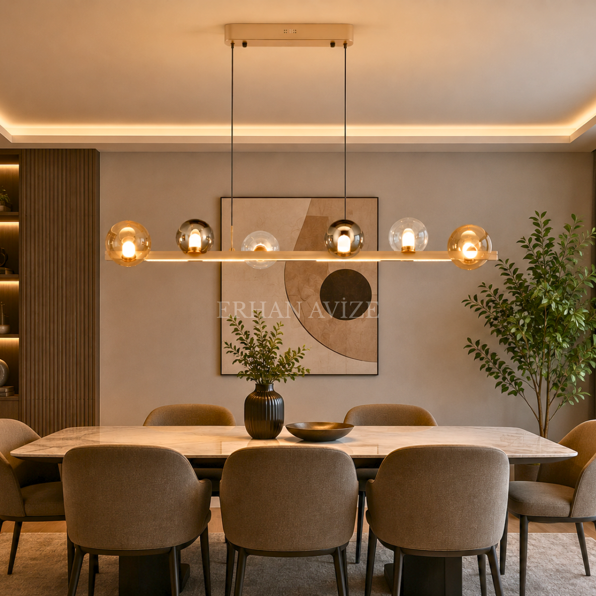 EASD-492-Y Modern Renkli Camlı Sıralı LED Yemek Masası Avizesi