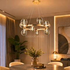 EASD-457-12’li Gold Modern Camlı Yuvarlak LED Avize